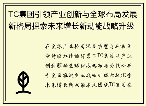 TC集团引领产业创新与全球布局发展新格局探索未来增长新动能战略升级